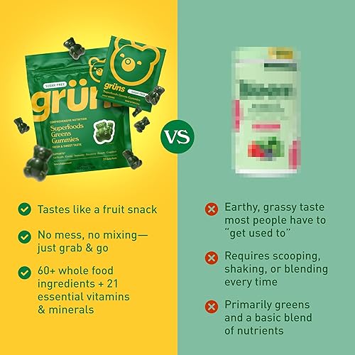 Miniatura 5 de Gruns - Gomitas Super Greens para adultos, superalimentos multivitamínicos, espirulina, clorella, prebióticos y gomitas de fibra para la salud