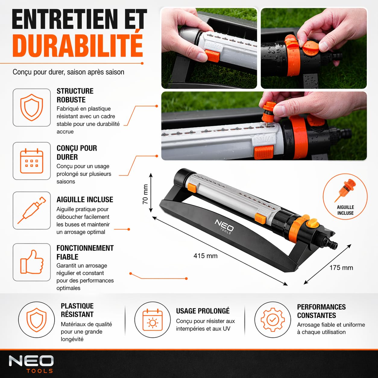 NEO TOOLS Arroseur oscillant de Jardin 18 Buses, Surface d’arrosage Jusqu’à 15 x 19 m, réglage précis de l’Angle et de la Largeur, Cadre Robuste en Plastique