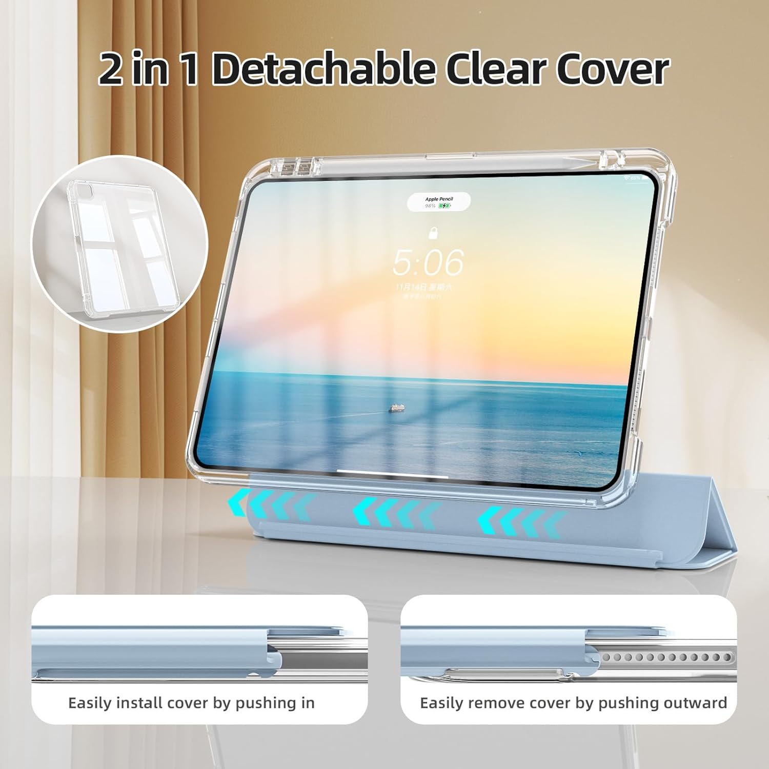 kenke Hybrid Case for iPad Air 13 Inch M3/M2 (2025/2024), Pro 12.9 Inch (6th/5th Generation, 2022/2021) with Pencil Holder, 2 in 1 Detachable Cover with Clear Hard Back, Auto Sleep/Wake, Sky Blue