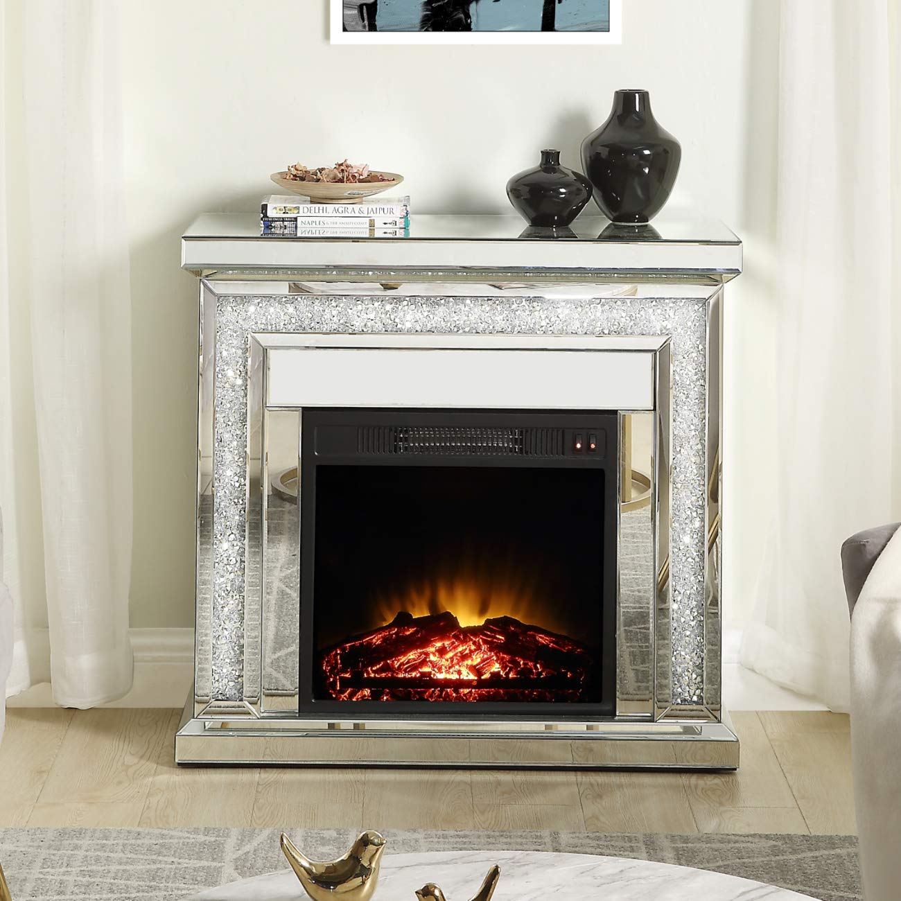 Buy MIREO Mirrored Fireplace With Crystal Diamond Inlay, Realistic