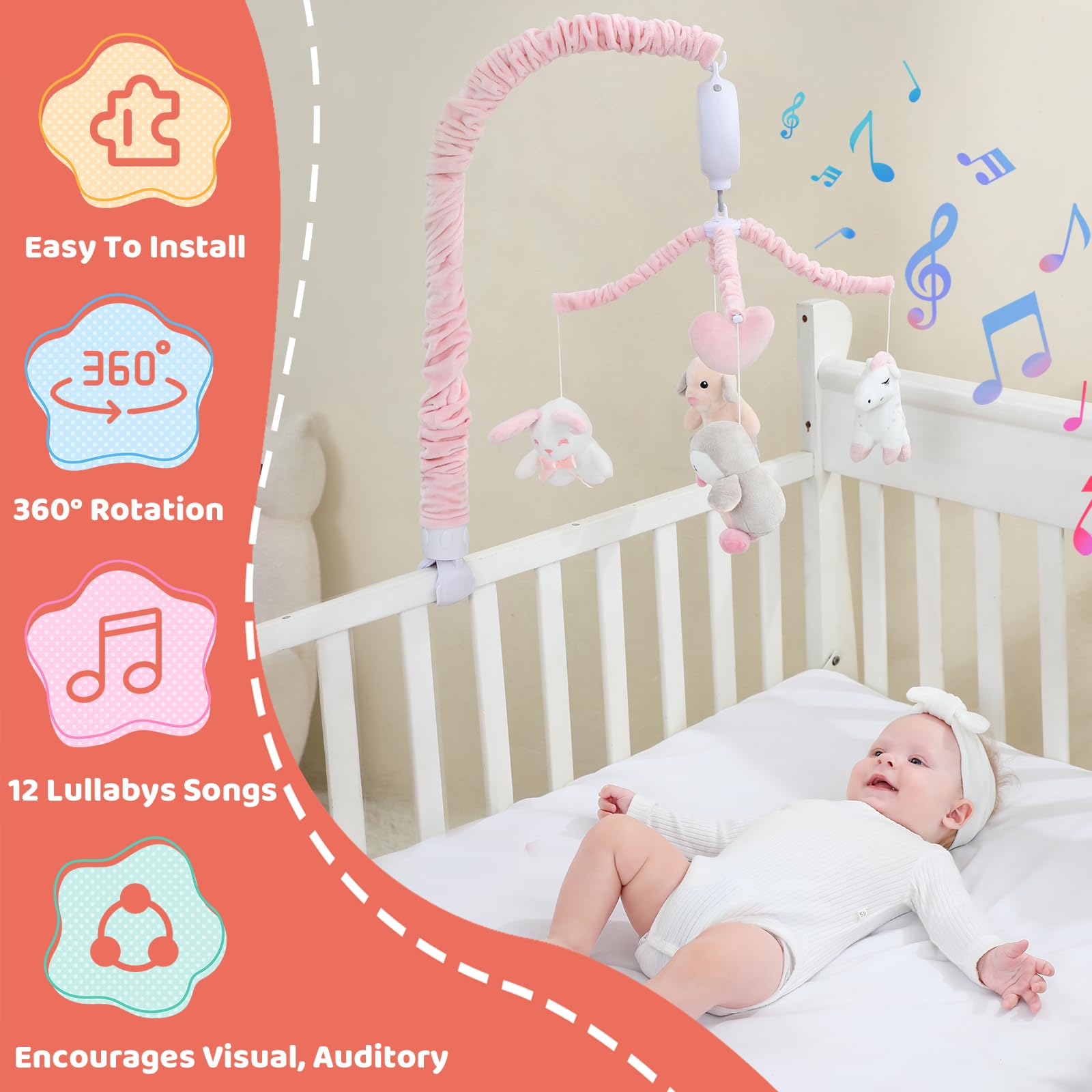 Móvil de cuna para niñas, móvil musical rosa suave para cuna con 12 canciones de cuna, brazo giratorio y juguetes de animales de peluche desmontables, decoración de guardería, móvil de bebé 2