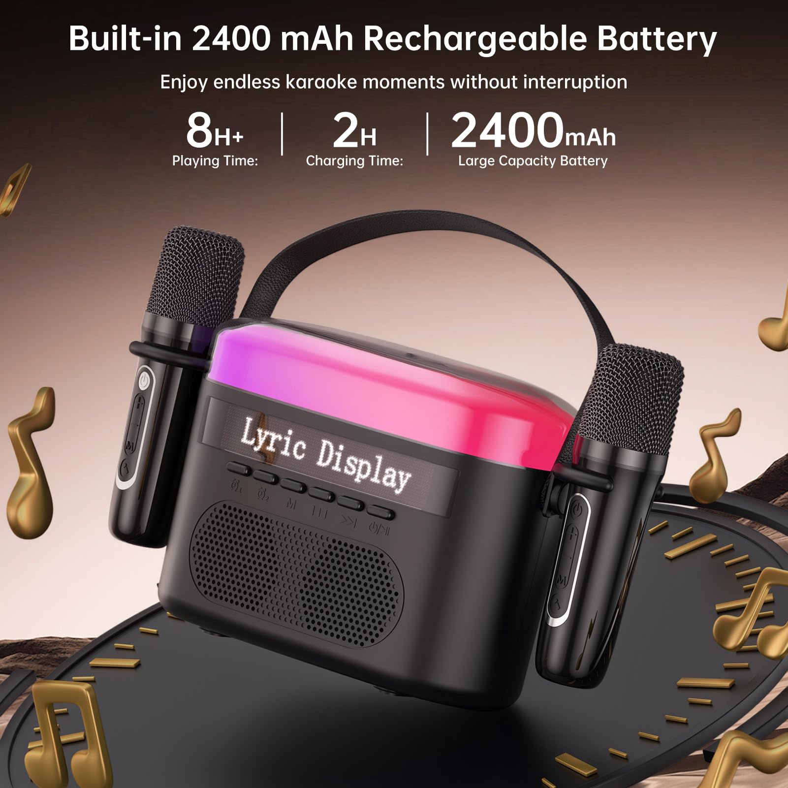 Mini macchina per karaoke per bambini e adulti, 2 microfoni wireless, luci LED Colortul, altoparlante Bluetooth portatile per esterni - Nero