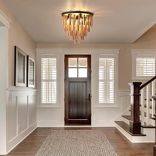 Miniatura 4 de MOUJOE Lámpara de techo de montaje empotrado de 7 luces lámpara de techo Rero de madera rústica roble y negro con E26 para granja cocina entrada