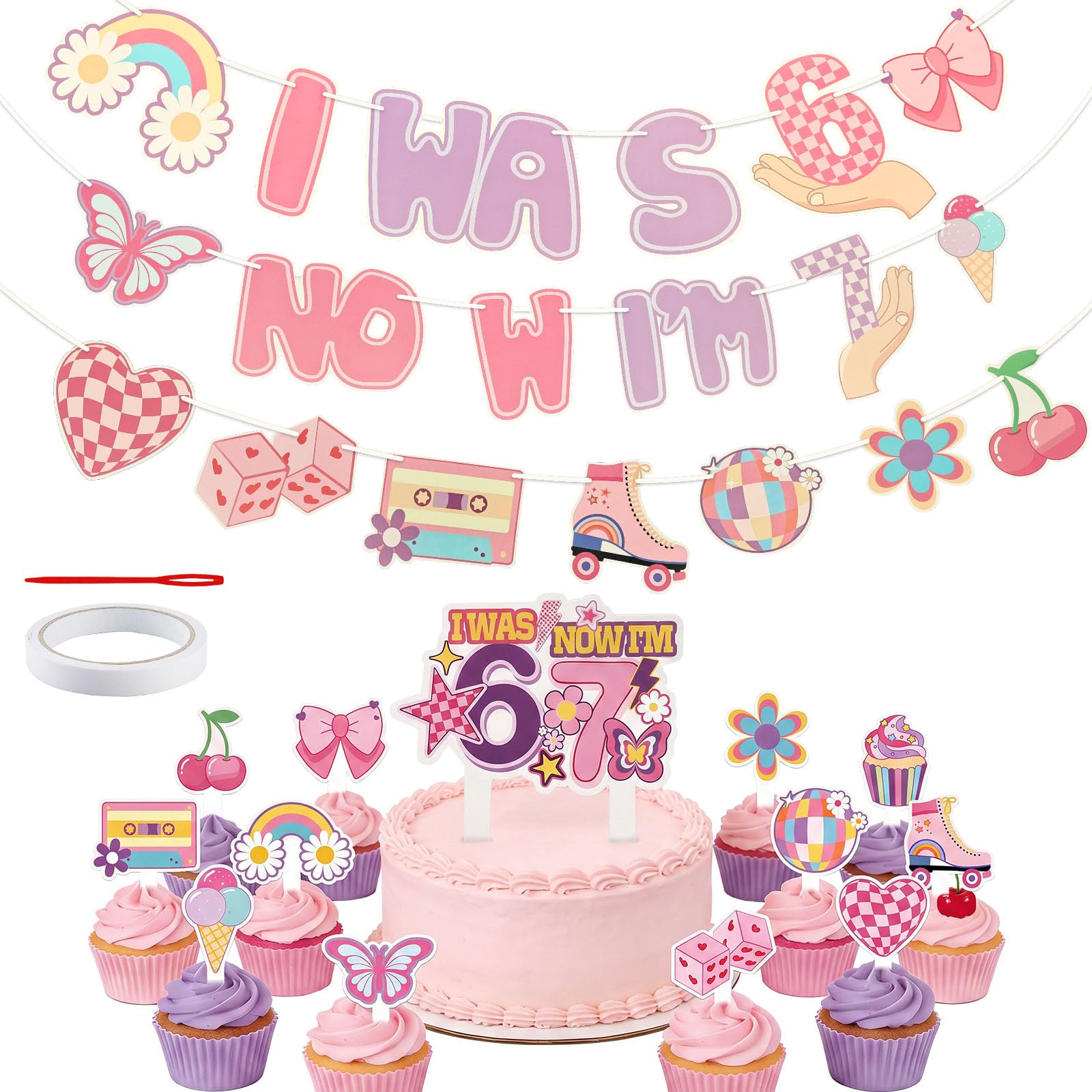 CWAGRQ 47Pcs 6 7 Birthday Party Decoration Banner for Girl,with Cake Topper