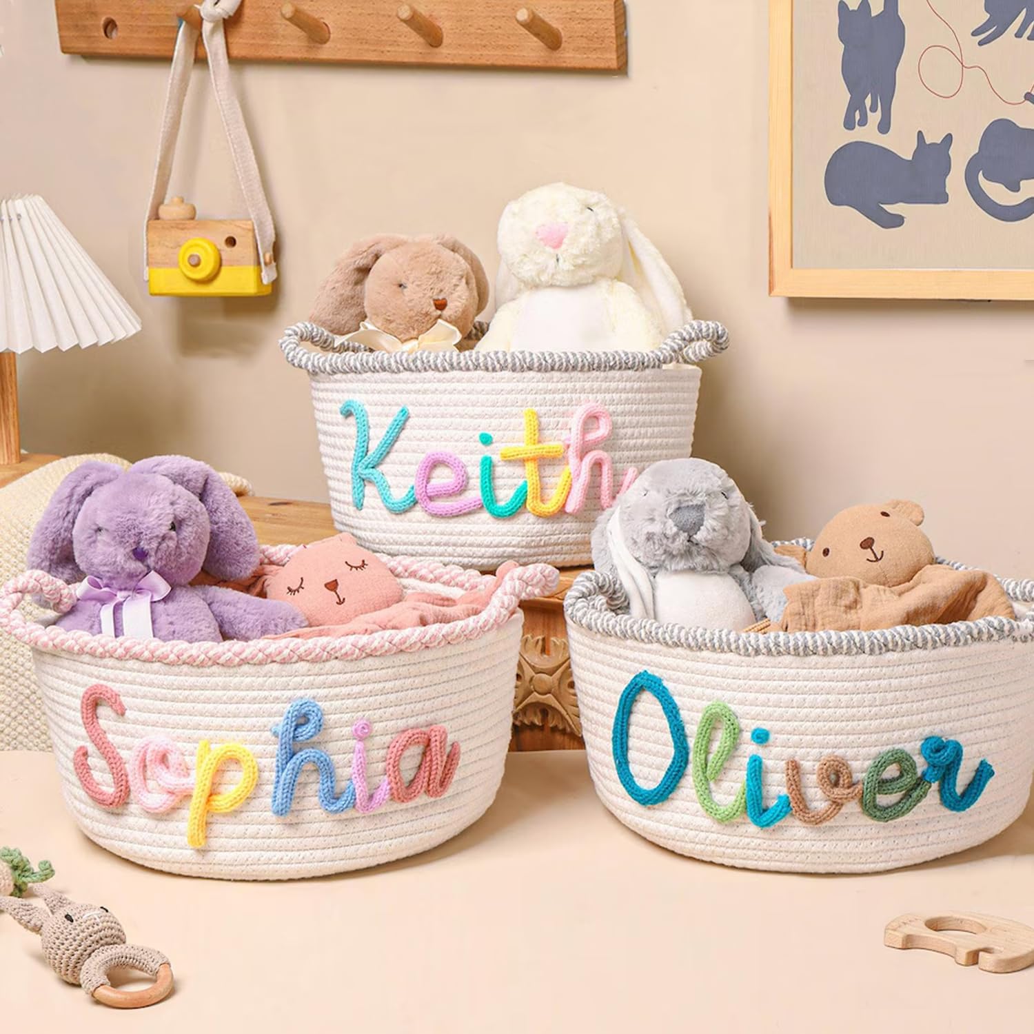 Personalized Baby Name Basket, Custom Baby Shower Gift Cotton Rope Basket Diaper Caddy Baby Stuff Organizer Storage Bin for Nursery Essentials (Style K)