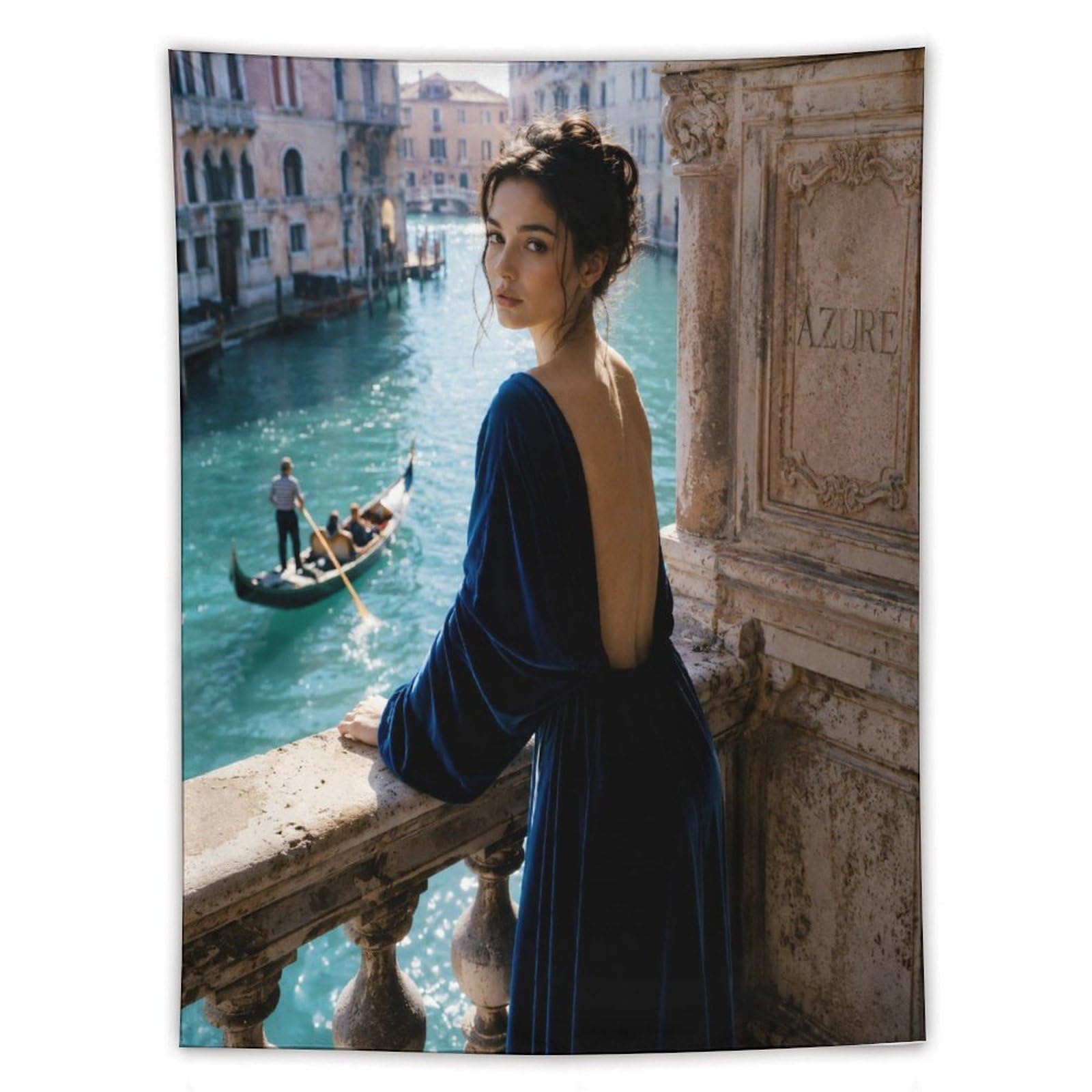 W7C8U2X3 Woman Overlooking Gondola Wall Tapestry, Elegant Venice