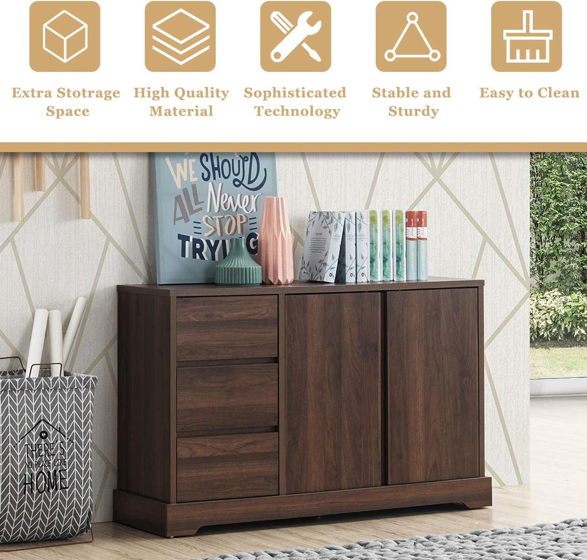 Giantex Buffet Sideboard, Storage Console Table with 3 Drawers and 2-Door Cabinets, Buffet Server Cupboard for Kitchen, Dining Room, Living Room, Entryway, Walnut (46.5”LX 15.5”WX 30.5”H)