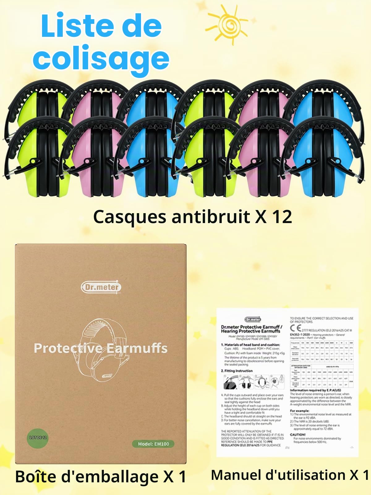 Dr.meter Protège-oreilles pour enfants, casque antibruit SNR 27,4 dB avec suppression de bruit pour enfants atteints de TSA, capteurs sensoriels, bandeau réglable, protection auditive