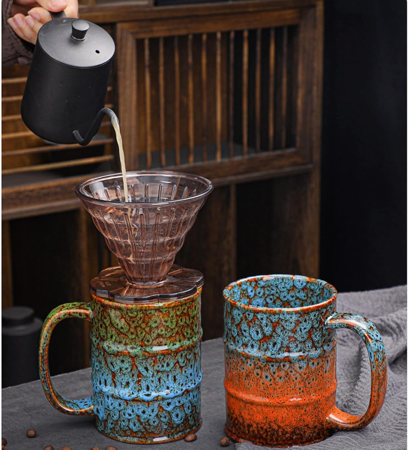 Taza de café, taza de café de cerámica de 20 onzas, taza de café grande para oficina y hogar, taza de café de cerámica apta para lavavajillas y microondas (4, verde y azul)