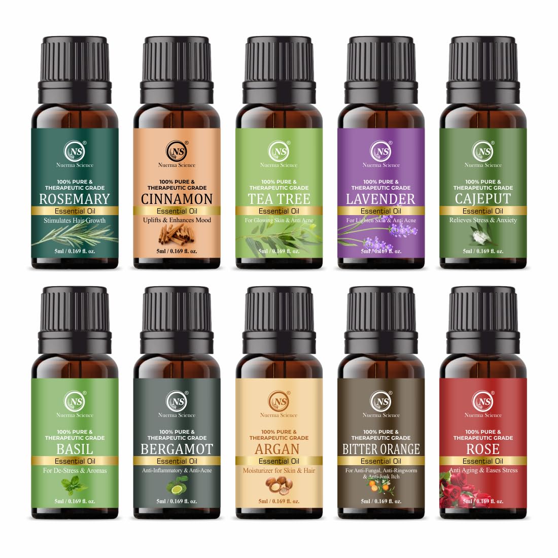 Nuerma Science Rosemary, Cinnamon, Tea Tree, Lavender, Cajeput, Basil, Bergamot, Argan, Bitter Orange, Rose Essential Oil - Set of 10 | Pure Essential Oil for Skin, Hair & Aromatherapy - 10x5ml