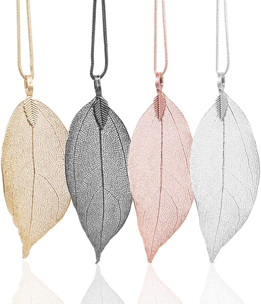 Unigift4 Color Styles Natural Real Leaf Filigree Pendant Necklaces for Women Long Pendant Necklace Trendy Clothes Accessories Jewelry