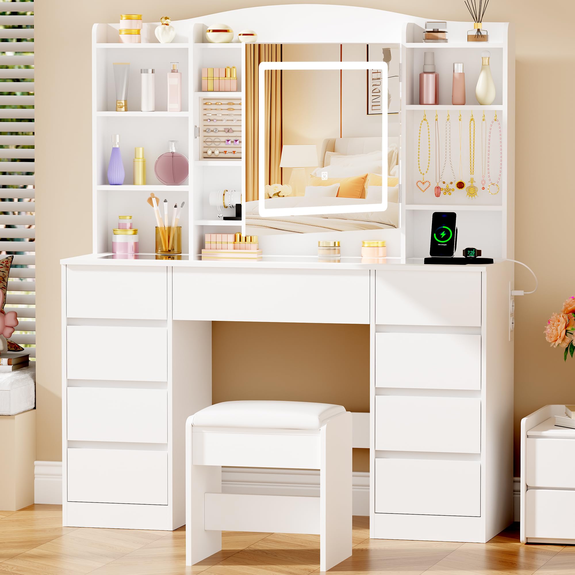 ANWBROAD Grande Coiffeuse avec Miroir et Éclairage LED Coiffeuse avec Plateau en Verre,Tabouret,Prise et Rangement Bijoux Table de Maquillage avec 9 Tiroirs 7 Étagères 7 Crochets Moderne Blanc BDT21W