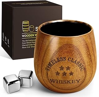 SALUNA Wooden Whiskey Glass Set - Charred Wooden Bourbon Drinking Glass, Whisky Glasses Bourbon Gifts for Men, Dad or Brother on Birthday Christmas Anniversary Retirement 10 OZ
