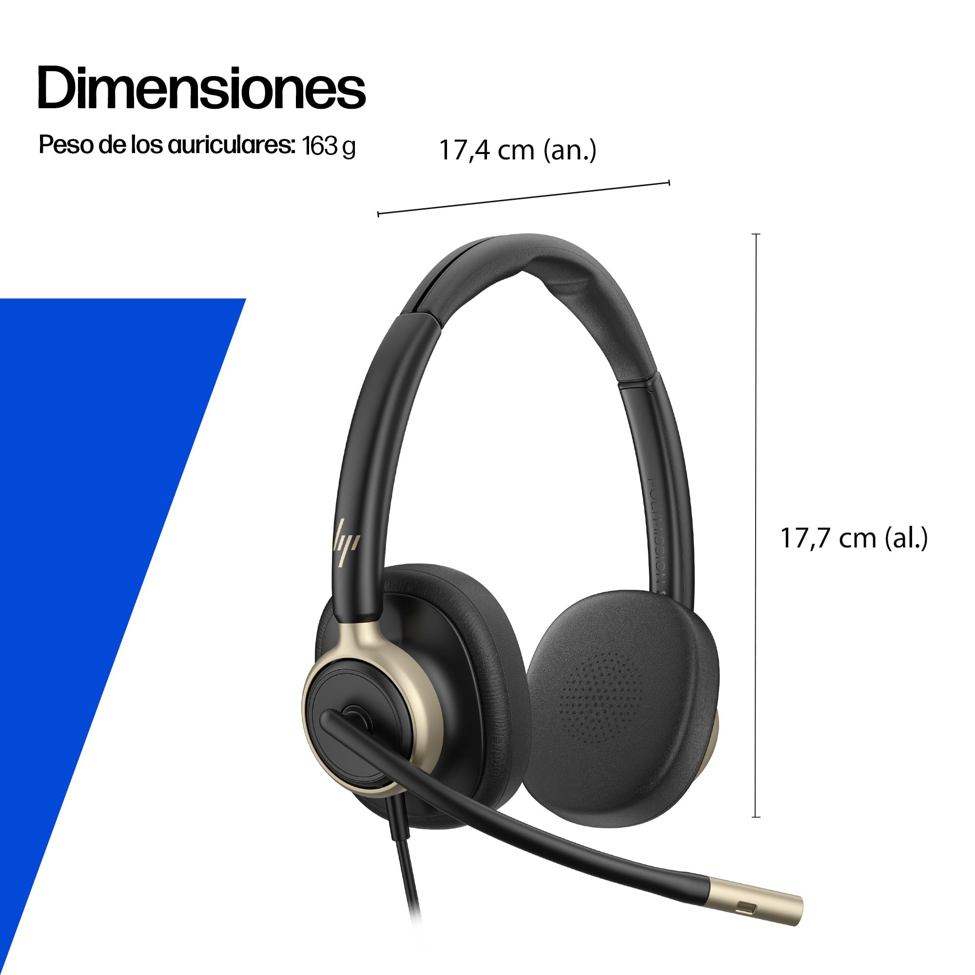 POLY HP Mission 820 Auricular USB-C Estéreo con Cancelación Activa de Ruido (ANC), Aíslate del Ruido y Concéntrate, Micrófono con cancelación de Ruido con IA, PC y Mac