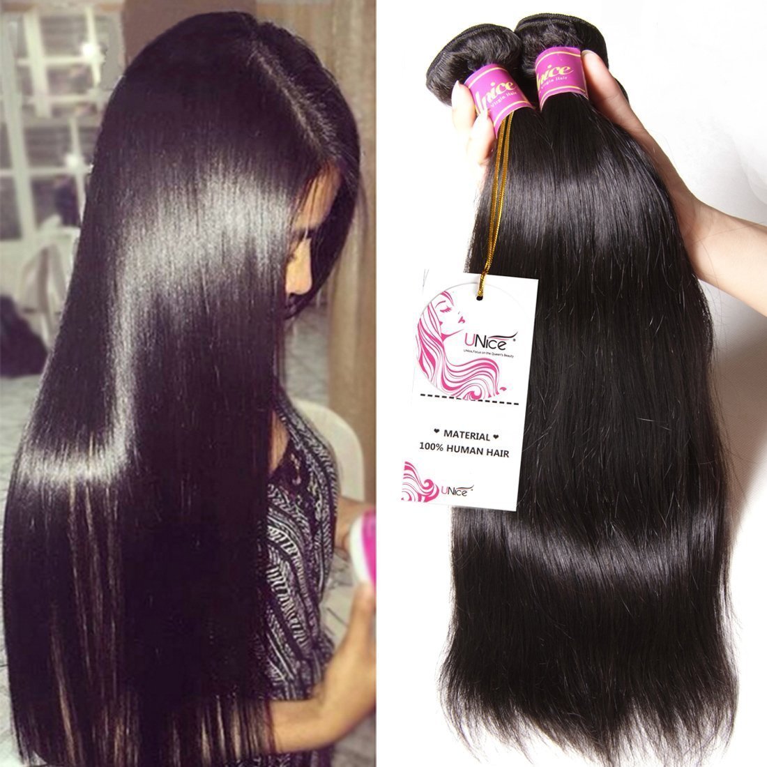 UNICE Hair 10A Malaysian Straight Human Hair 3 Bundles Unprocessed Virgin Human Hair Weave Extensions (14 16 18 inch)