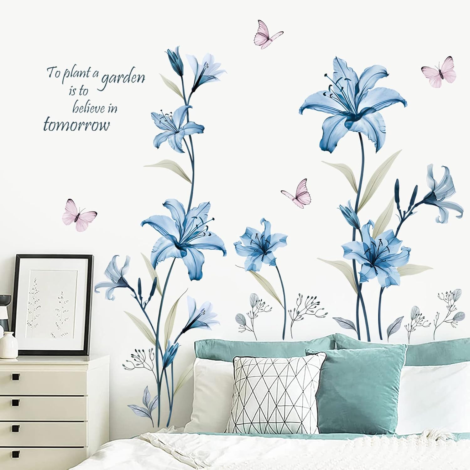 wondever Blue Lily Flower Wall Stickers Floral Butterfly Peel and Stick Wall Art Decals for Living Room Bedroom TV Wall