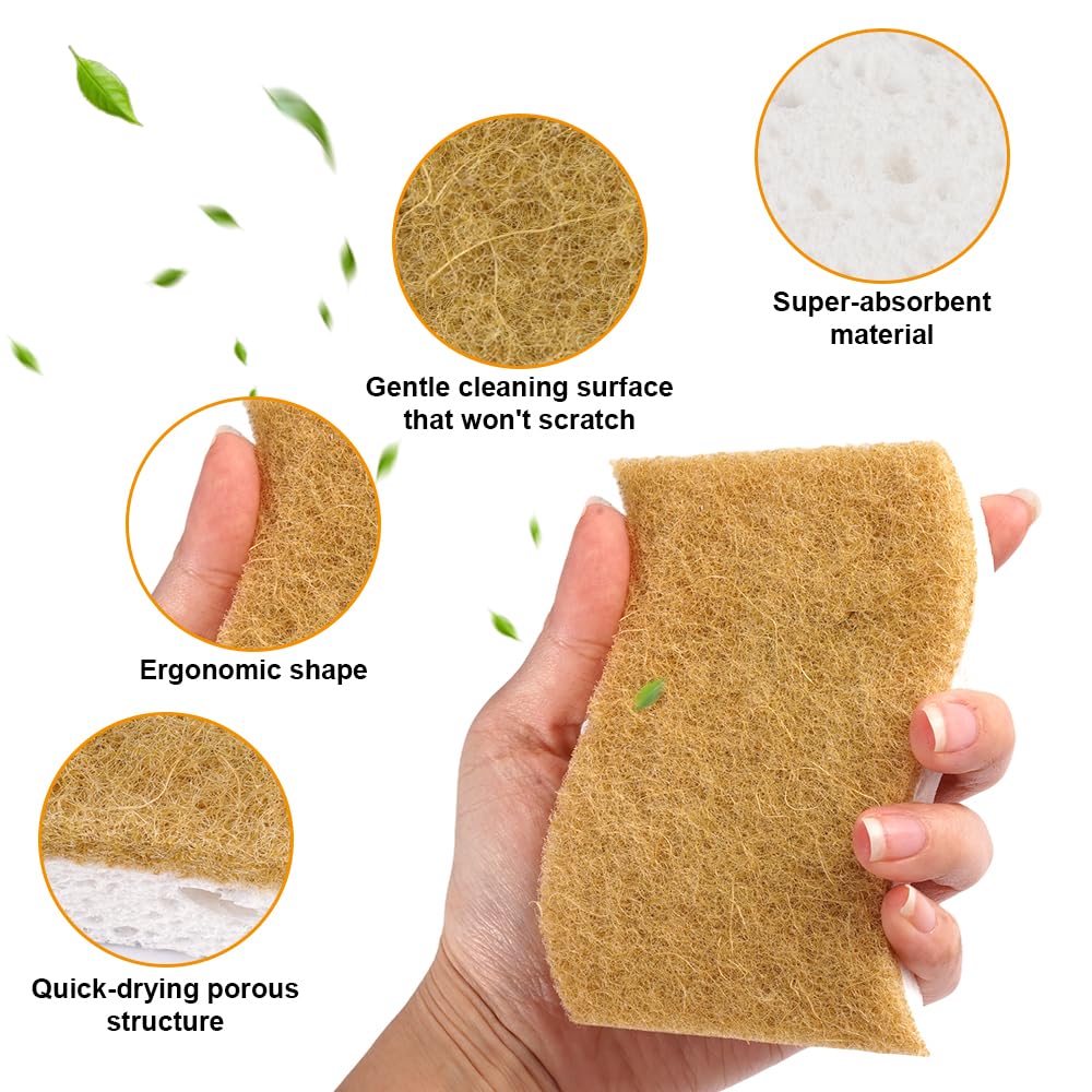 HIKPACKER Paquete de 6 Esponjas Naturales a Base de Plantas, Esponja de Cocina Biodegradable, Esponjas de Celulosa para Platos, Doble Cara, Reutilizables, Antiarañazos, Ecológicas, para Cocina y Baño - 4