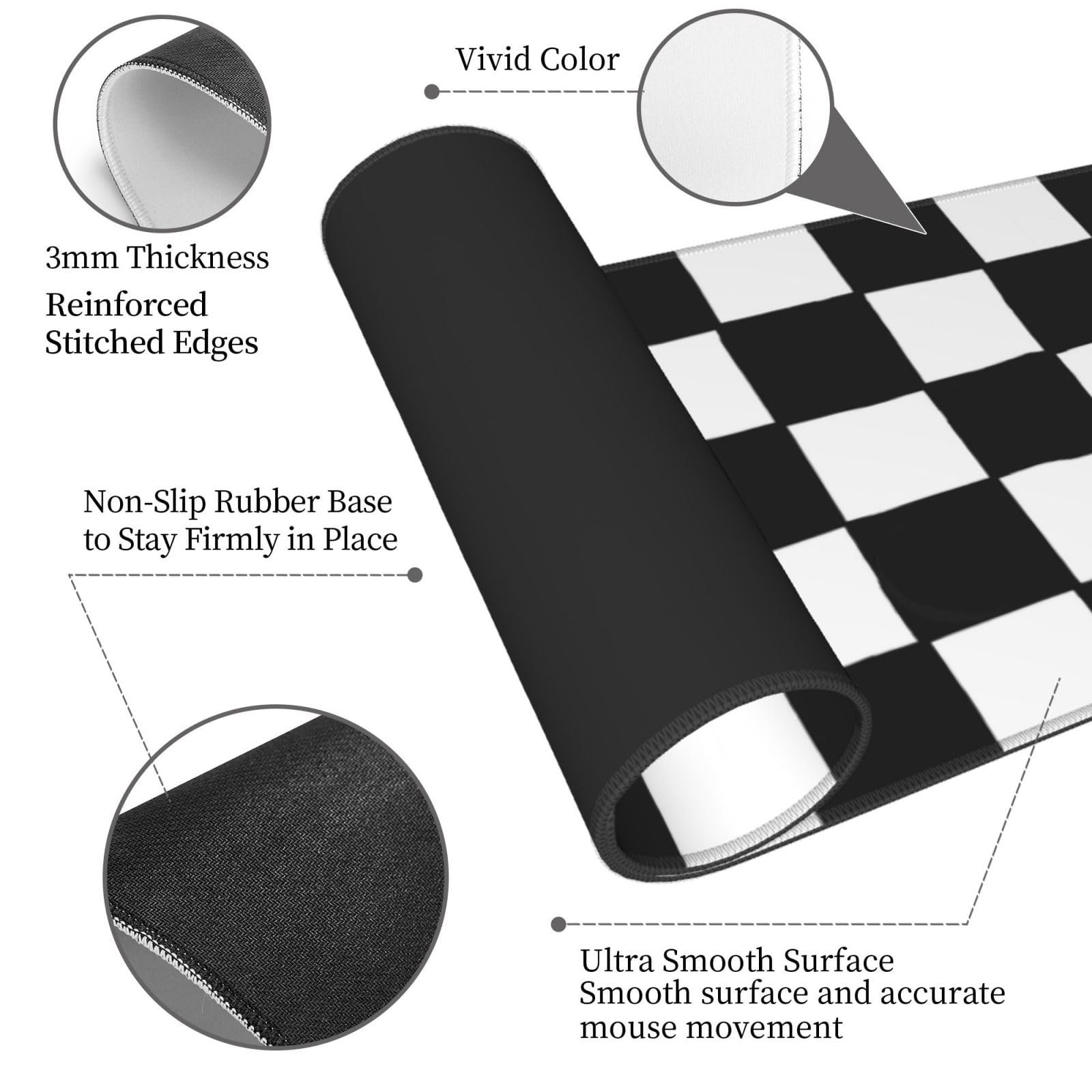 Alfombrilla de ratón a cuadros para juegos en blanco y negro para el hogar y la oficina, alfombrilla de mouse grande extendida para teclado con borde cosido, accesorios de decoración