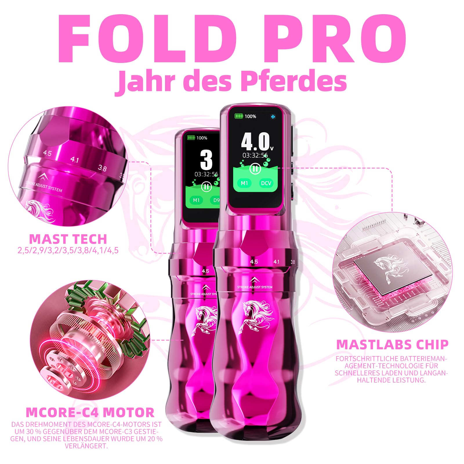 Dragonhawk Fold Pro Kabellose Tätowiermaschine, 2,5–4,5 mm Hublänge, Year of The Horse Edition, mit 2 Akkus Für Professionelle Tätowierer Rosa