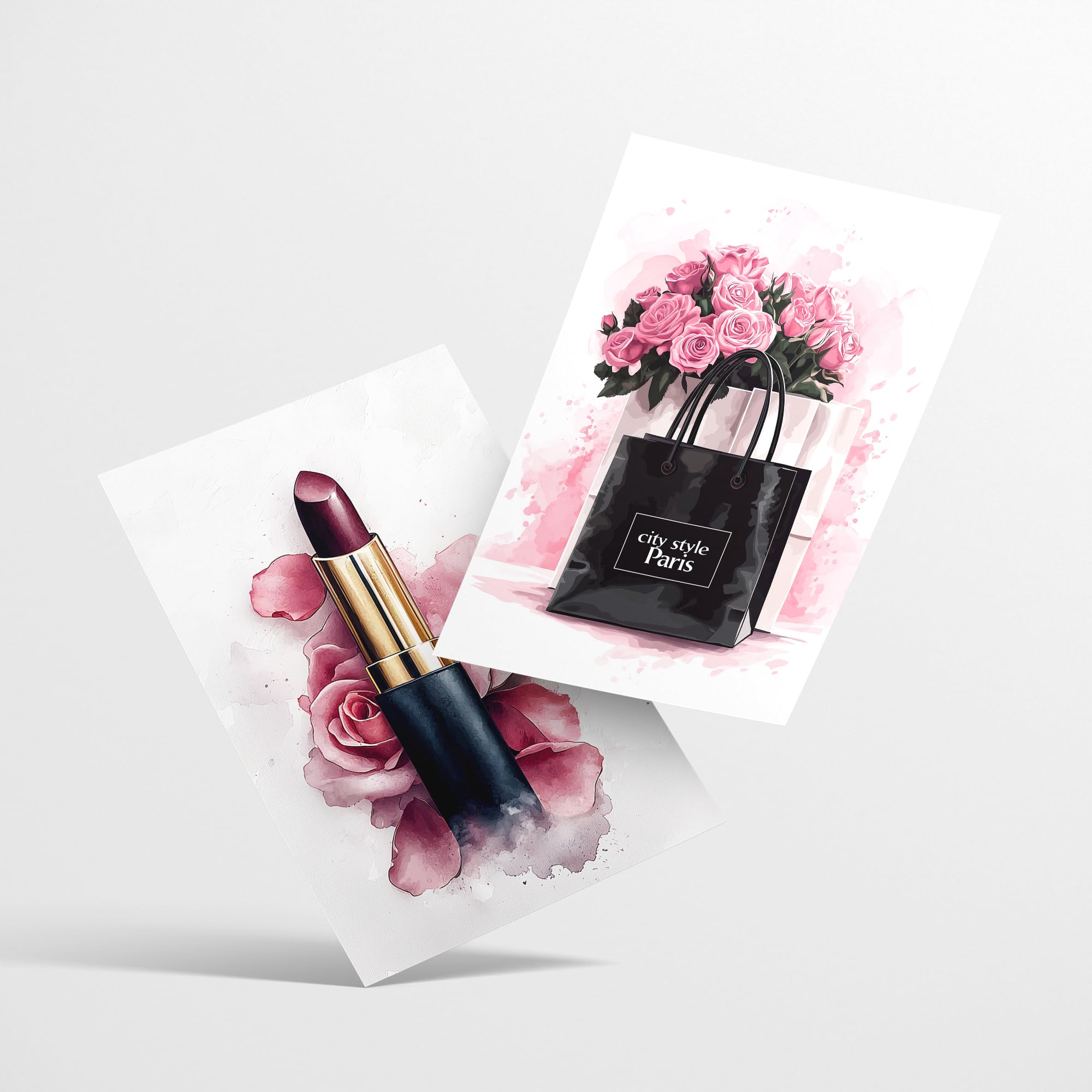 Nacnic Set de 4 Cuadros de Maquillaje y Cosmética Impresión Belleza Flores, Bolso, Perfume, Lápiz Labial ilustración para decorar las paredes del Inodoro, Tocador, Baño, Vestidor Salón A3 Marco Blanco