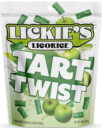 Lickies Licorice Tart Apple Licorice Bites  Giros de caramelo de regaliz gourmet  Regaliz vintage  Vegano, certificado Kosher, bajo en grasa  14
