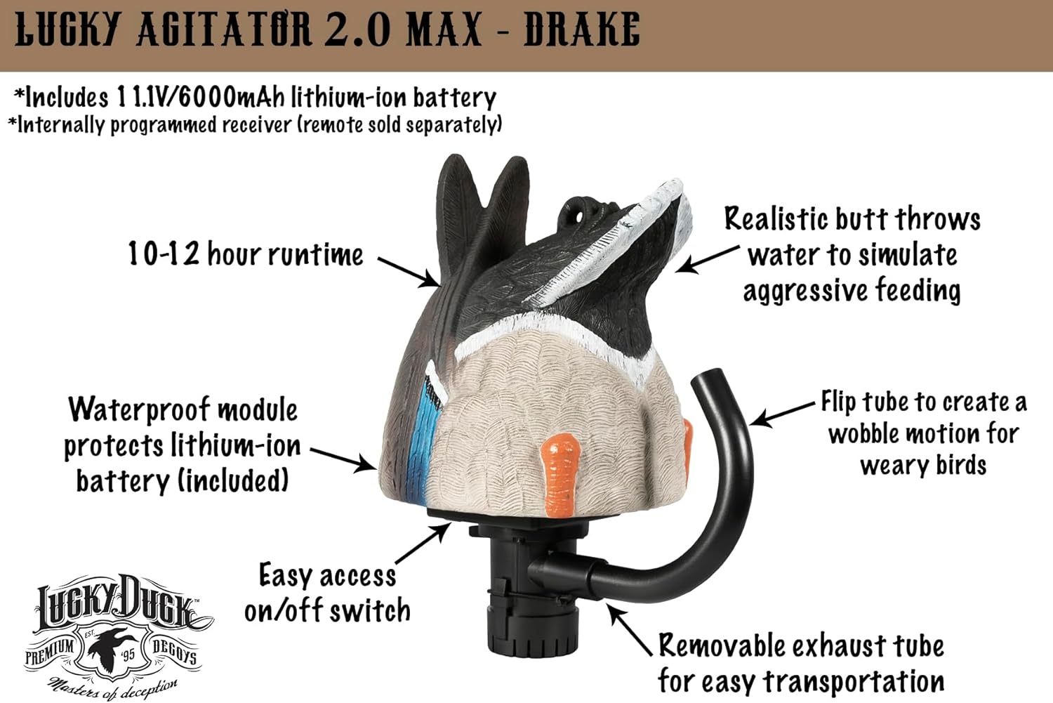 Lucky Duck Water Motion Duck Hunting Decoys, Lucky Agitator 2.0 Max Series - Mallard Drake