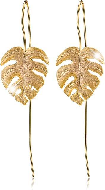 Gift for Christmas Lotus Fun S925 Sterling Silver Drop Earrings Monstera Leaves Dangle Earring for Women and Girls, Handmade Unique Jewelry Gift