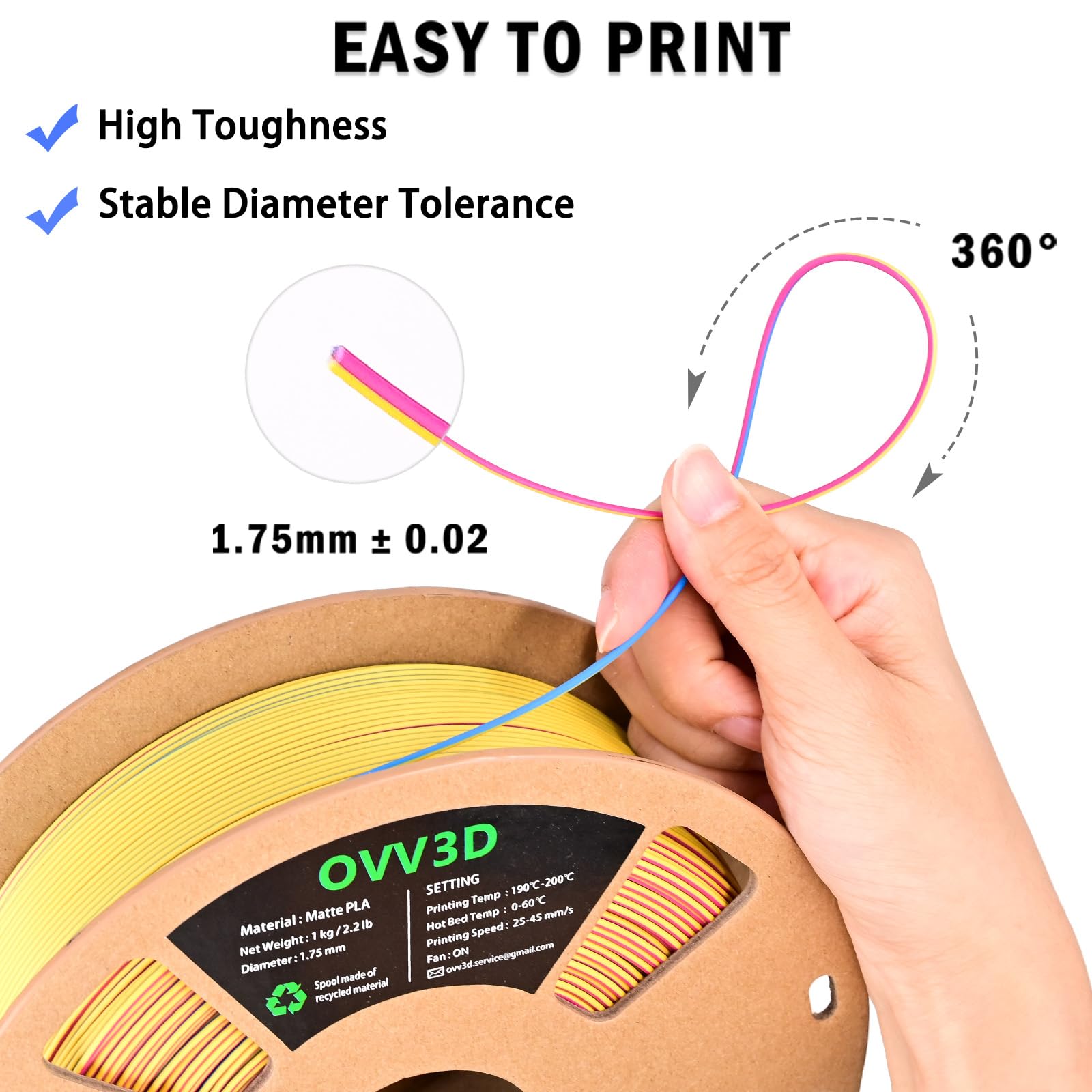 OVV3D Filament PLA de 1,75 mm, filament PLA arc-en-ciel mat tricolore pour imprimante 3D, filament macaron pour impression 3D, rouge, jaune, bleu