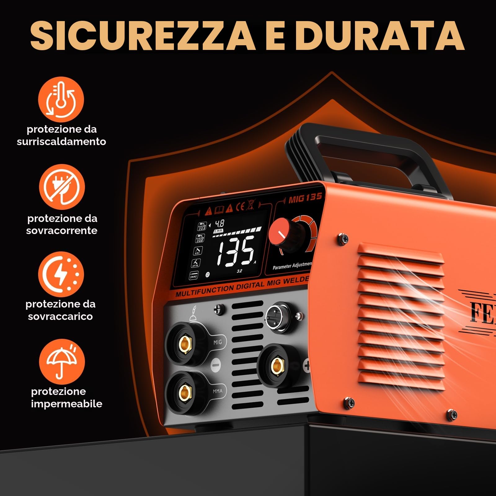 FEIFANKE MIG135 Saldatrice A Filo Continuo Senza Gas 135A 220v Sinergia Elettrodo Saldatrice 3 In 1 MIG/ARC/Lift TIG IGBT Inverter Saldatore con Filo 1,0 MM,2,5 MM Rod,Pistola Di Saldatura MIG