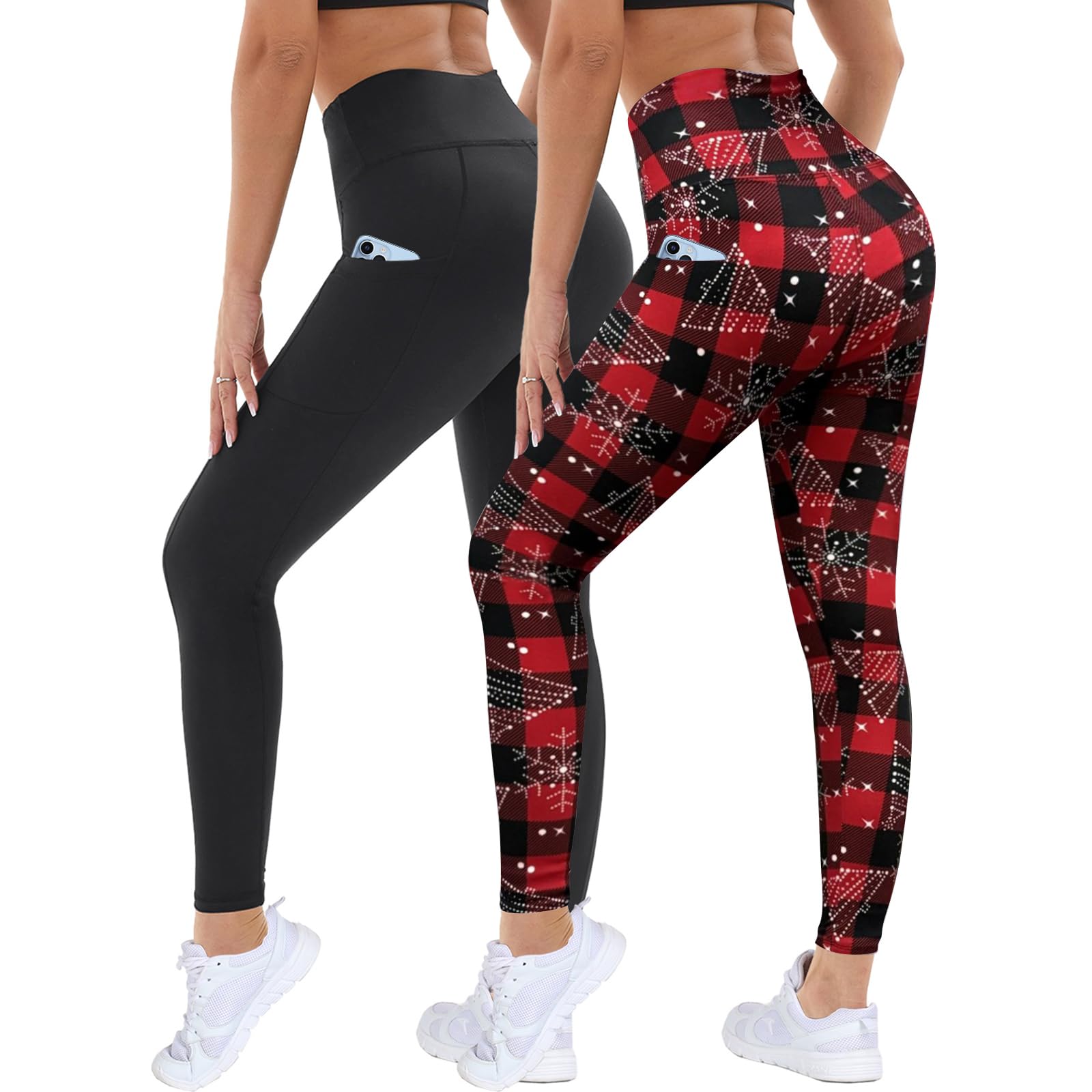 DDOBB 2er Pack Sport Leggings Damen High Waist Sportleggins Damen Lang Mit Taschen Gym Leggins Blickdicht Schwarz Sporthose Elastische Bauchweg Yogahose Fitness Laufhose(Schwarz+Schneeflocke,L-XL)