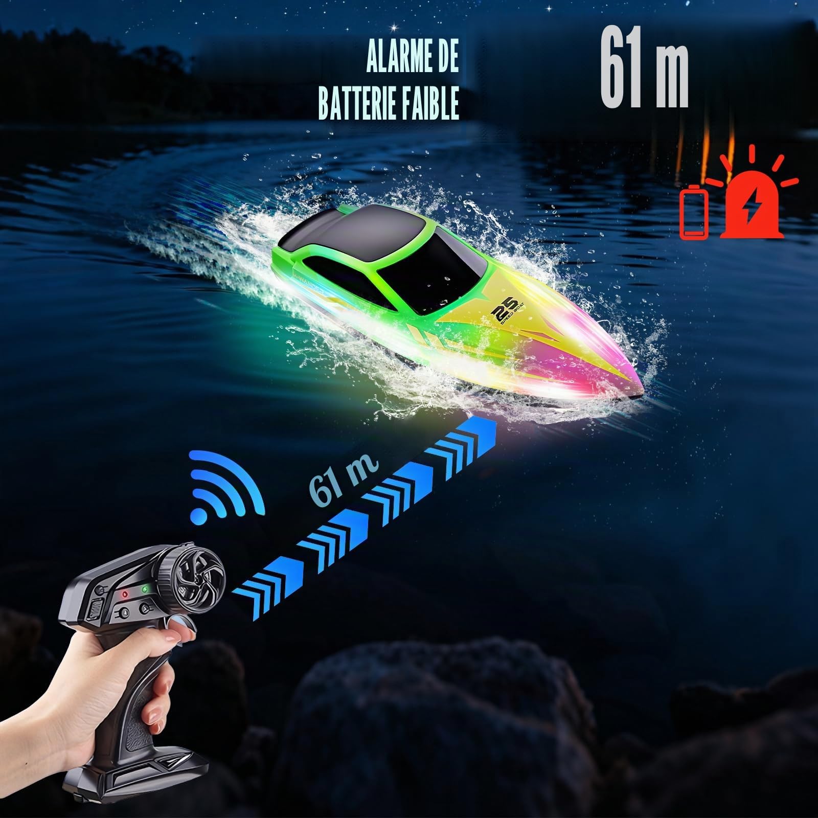 OBEST Bateau Télécommandé avec Lumières LED pour Enfants, 2,4 GHz Bateau RC