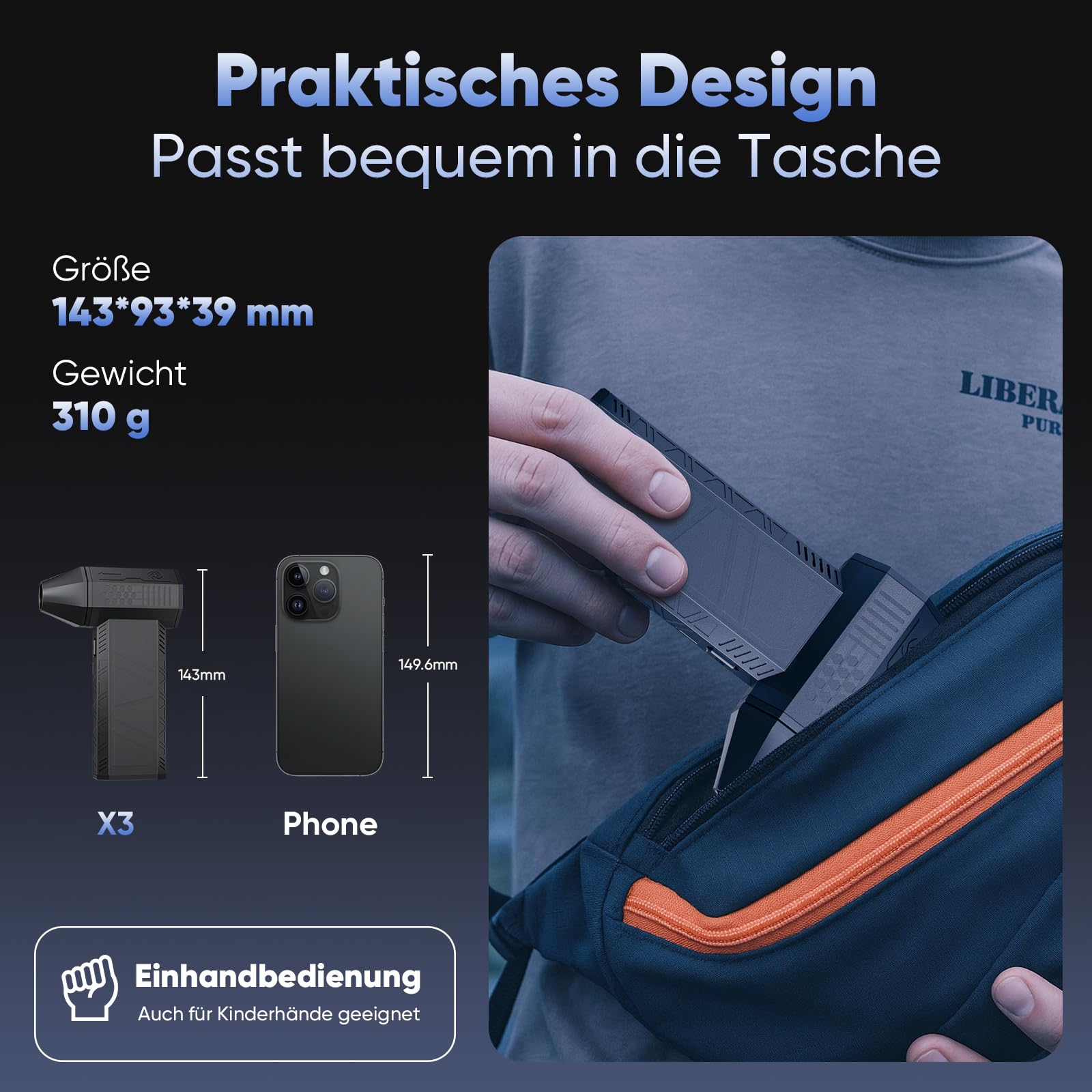SALCAR Elektrisches Staubgebläse tragbar 130000RPM, 3-Gang Mini Air Duster mit stufenloser Regelung & Turbotaste, wiederaufladbares Super-Power-Druckluftspray für PC, Auto – Outdoor und Haus