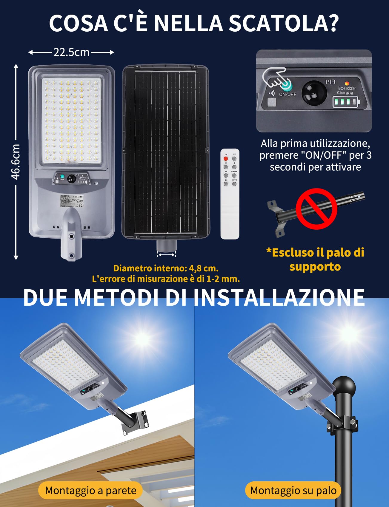 Aigostar 300W Lampione Solare LED Esterno, Batteria ad alta capacità da 15000 mAh, 3000K/4500K/6500K, 3000LM, IP65, Luce Solari da Esterno con Sensore di Movimento, Supporto palo non incluso, 2Pz
