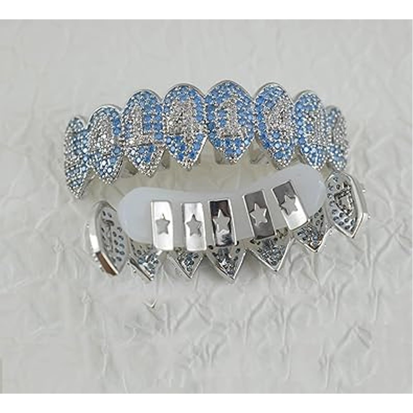 Grillz Hip Hop Placcati Oro con Strass CZ Blu & Bianco - Set di Dentari Superiori & Inferiori Regolabili Brillanti per Feste & Spettacoli