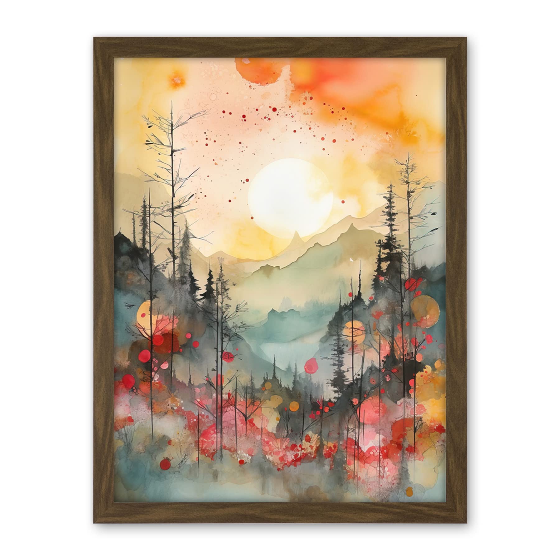 Artery8 Sunrise Over Misty Mountain Forest Landscape Modern Watercolour Painting Artwork Framed Wall Art Print 18X24 Inch