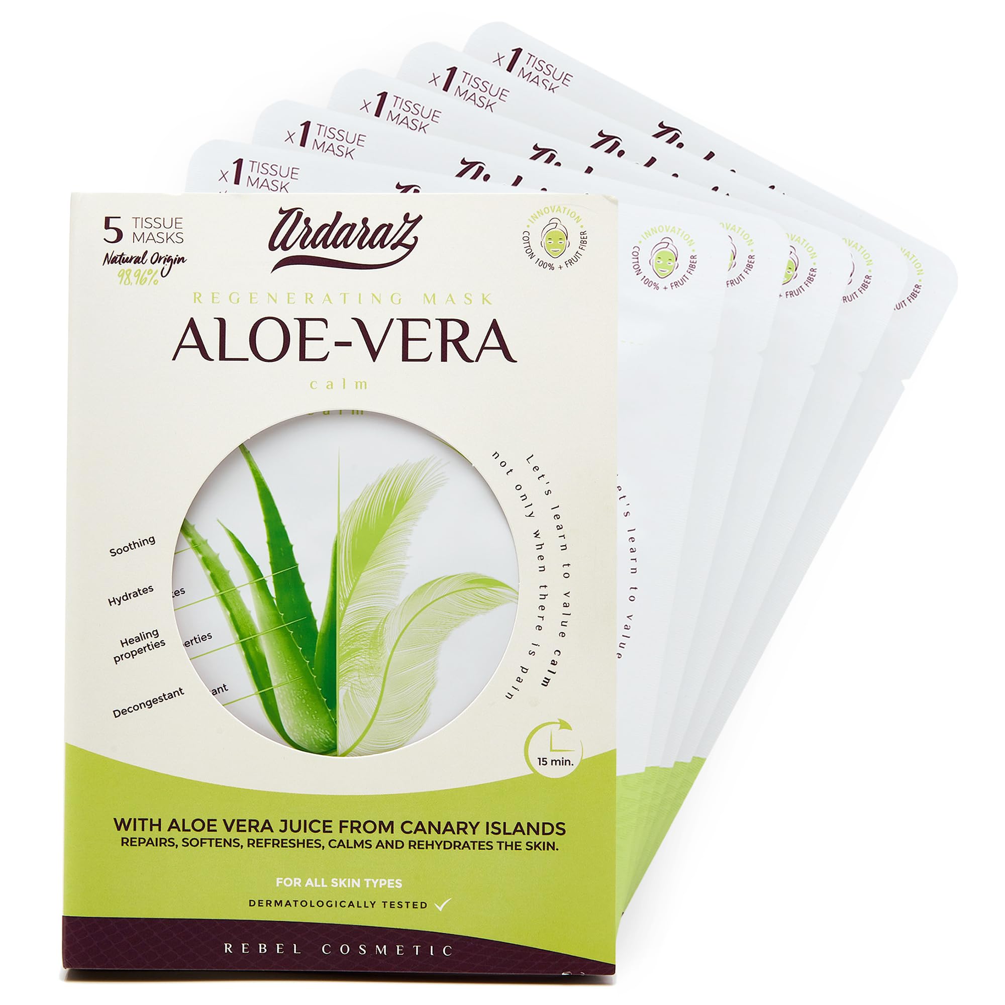Ardaraz Mascarilla Facial Hidratante Calmante con Aloe Vera Canario. Mascarillas para la cara efecto Refrescante enriquecidas con Acido Hialurónico. Protegen de los daños de sol y frío. Pack de 5