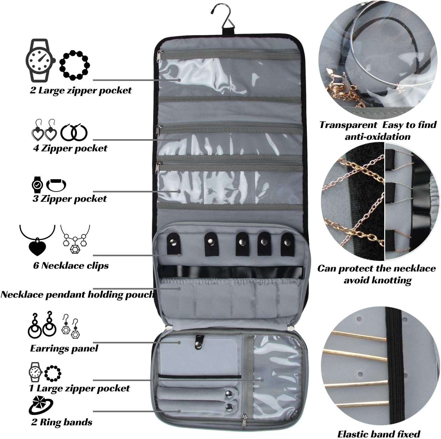 MONSTINA Travel Jewelry Organizer Case, Foldable Jewelry Roll Bag Handing Jewery Storage Bags with Hook for Necklace, Earrings, Rings, Bracelet, Brooches (A large, black)