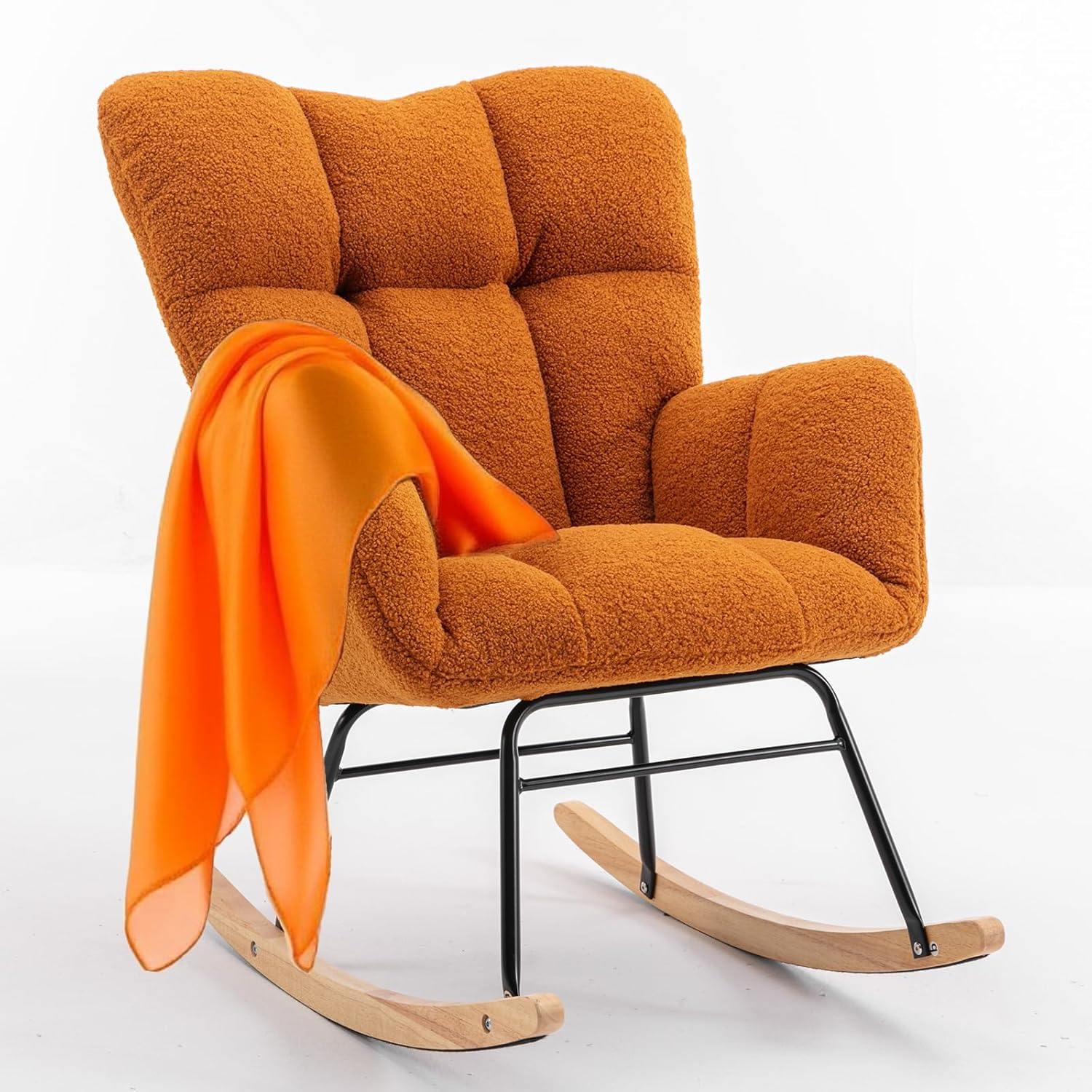 Nursery Rocking Chair Teddy Upholstered Glider Rocker Rocking Accent Chair Padded Seat with High Backrest Armchair Comfy Side Chair for Living Room Bedroom Offices (Caramel Teddy)