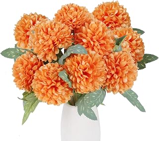 AILANDA 10PCS Artificial Fall Flowers Chrysanthemum Balls Silk Flowers Autumn Hydrangea Faux Flowers Arrangement for Wedding Bouquet Home Kitchen Table Centerpieces Party Decor Vase Fillers (Orange)