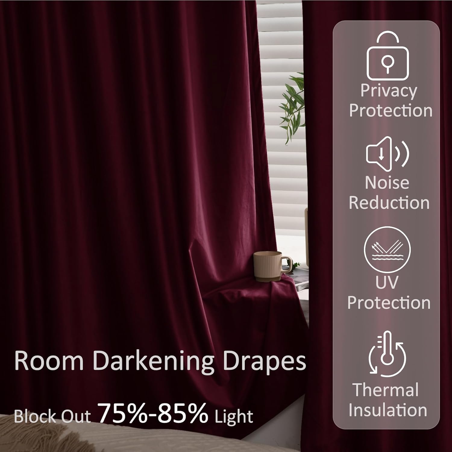 Fcosie Extra Long Plush Velvet Curtains for High Ceilings 10, 12, 14, 15, 16, 17, 18, 20, 24 ft Long 4-in-1 Header Flat Hooks Back Tab Hook Belt Rod Pocket Drapes (1 Panel), 100" W x 132" L, Deep Red