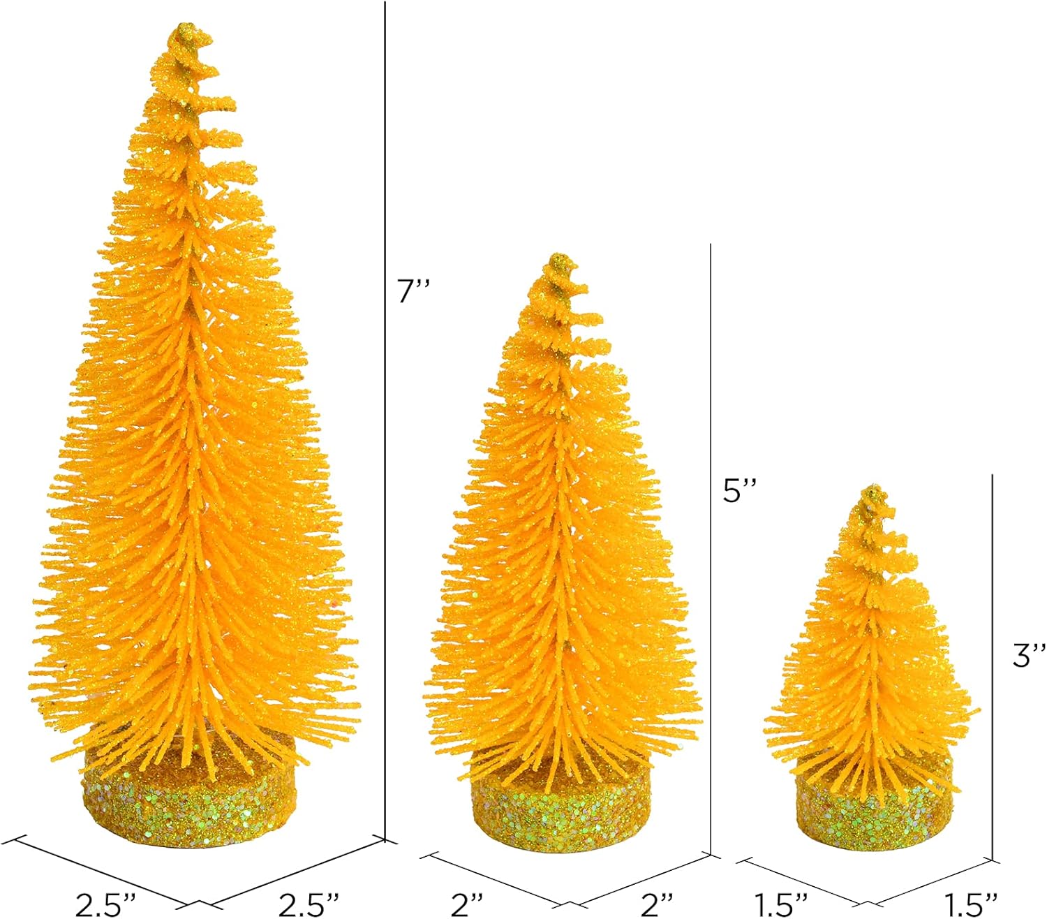 Vickerman 3"-5"-7" Yellow Glitter Oval Pine Artificial Christmas Tree, Set of 3 - Faux Christmas Tree Set - Seasonal Indoor Home Decor
