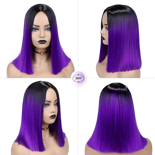 Miniatura 7 de Fancy Hair Ombre Purple Short Straight Wigs Middle Part Shoulder Length Purple Dark Roots Natural Synthetic Wigs for Women Daily Party Cosplay Raven