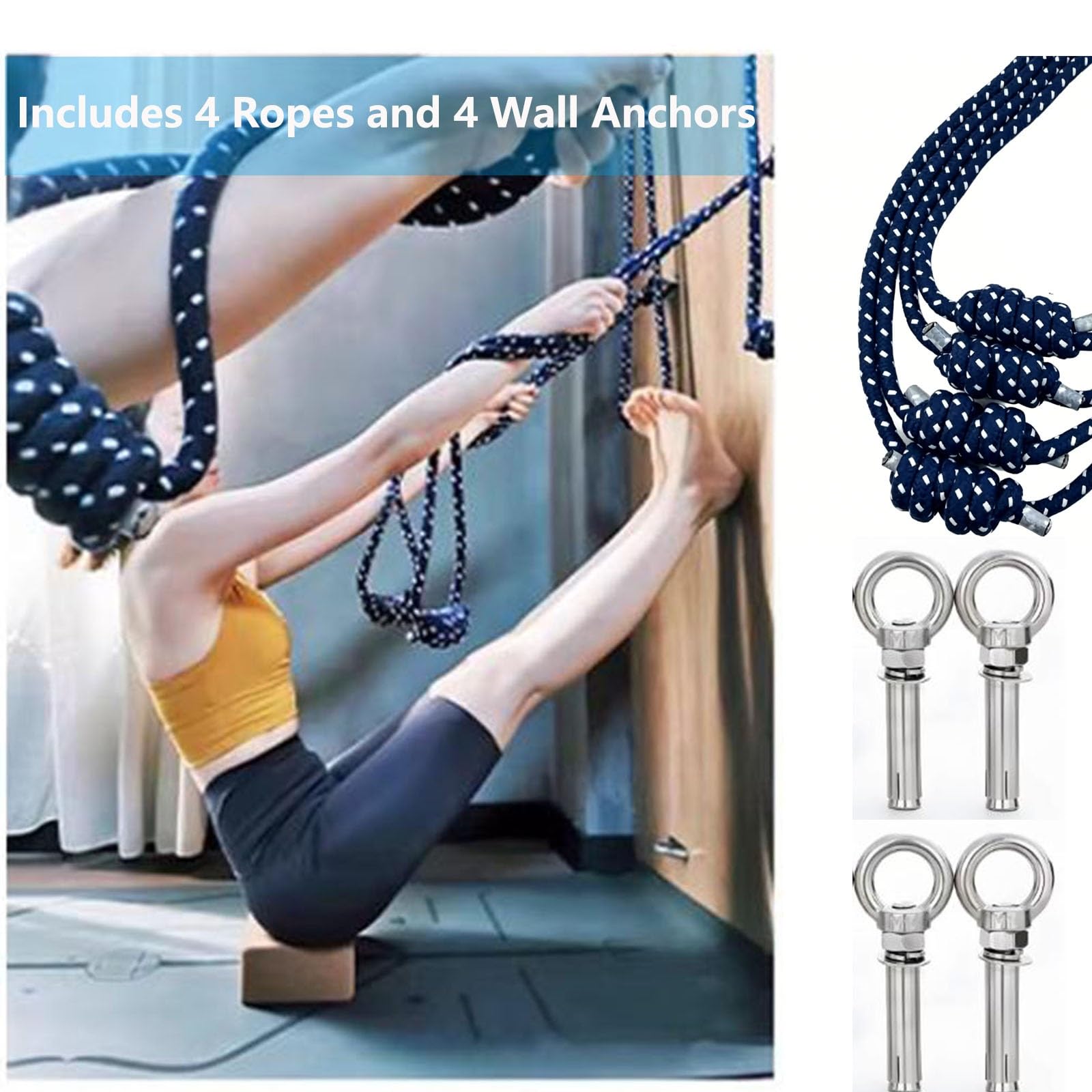 Set di corde da parete for yoga, cinghie in cotone resistente con ganci in acciaio inossidabile (include 4 corde in cotone)
