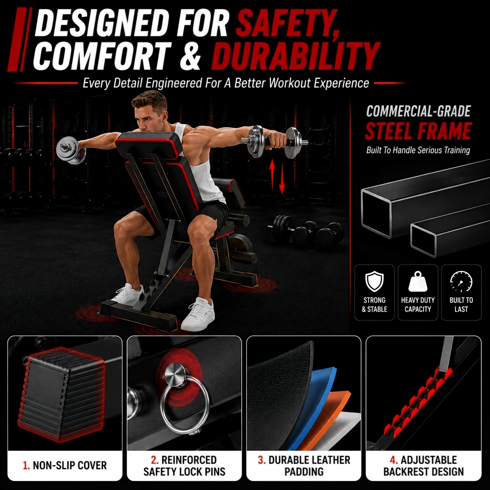 Adjustable Weight Bench, Foldable Workout Bench Press for Home Gym | Heavy duty utility incline decline flat bench with preacher curl, leg extension for full-body strength training.