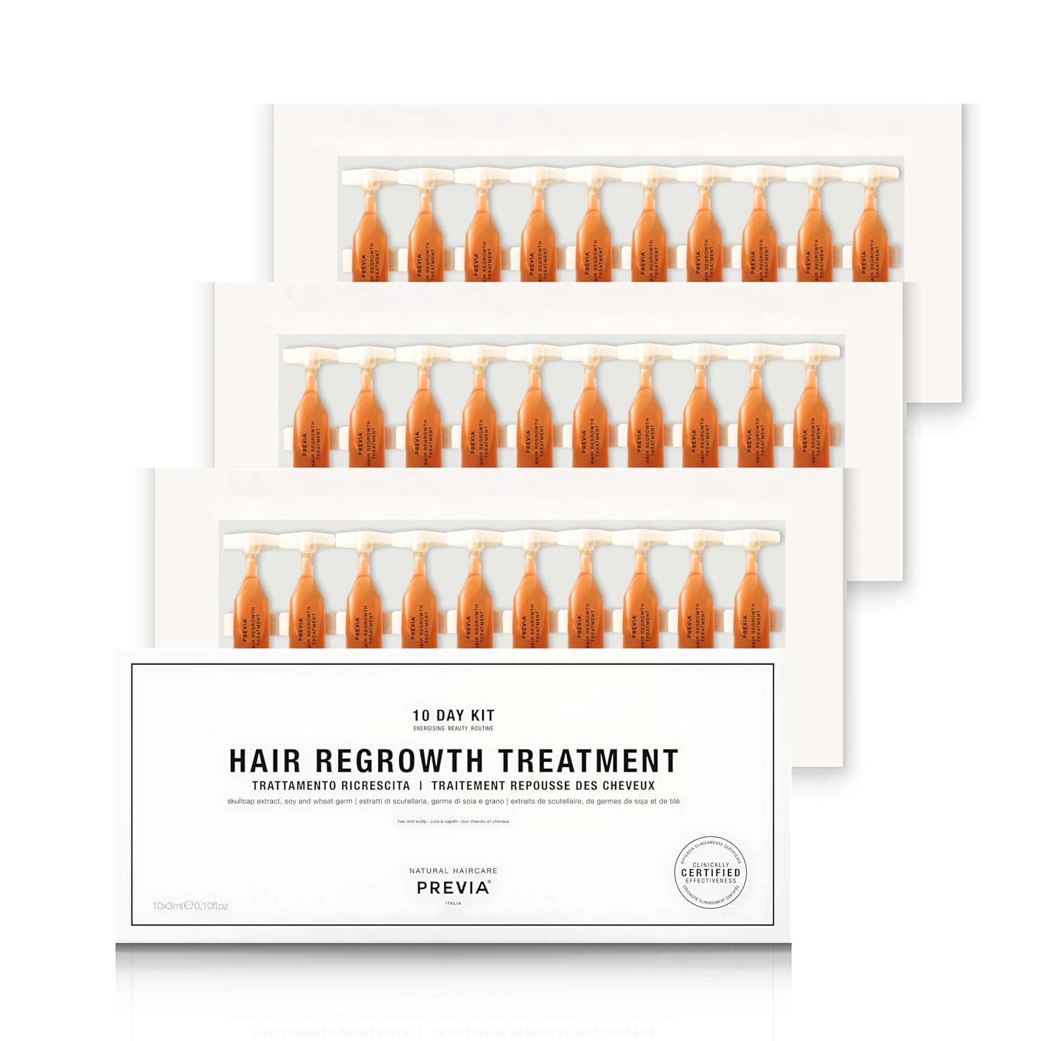 PREVIA Hair Regrowth Treatment | Formulated with Skullcap Extract, Soy & Wheat Germ | Clinically Proven Formula for Thicker & Stronger Hair | Pack of 3 (10x 0.10 Fl Oz)