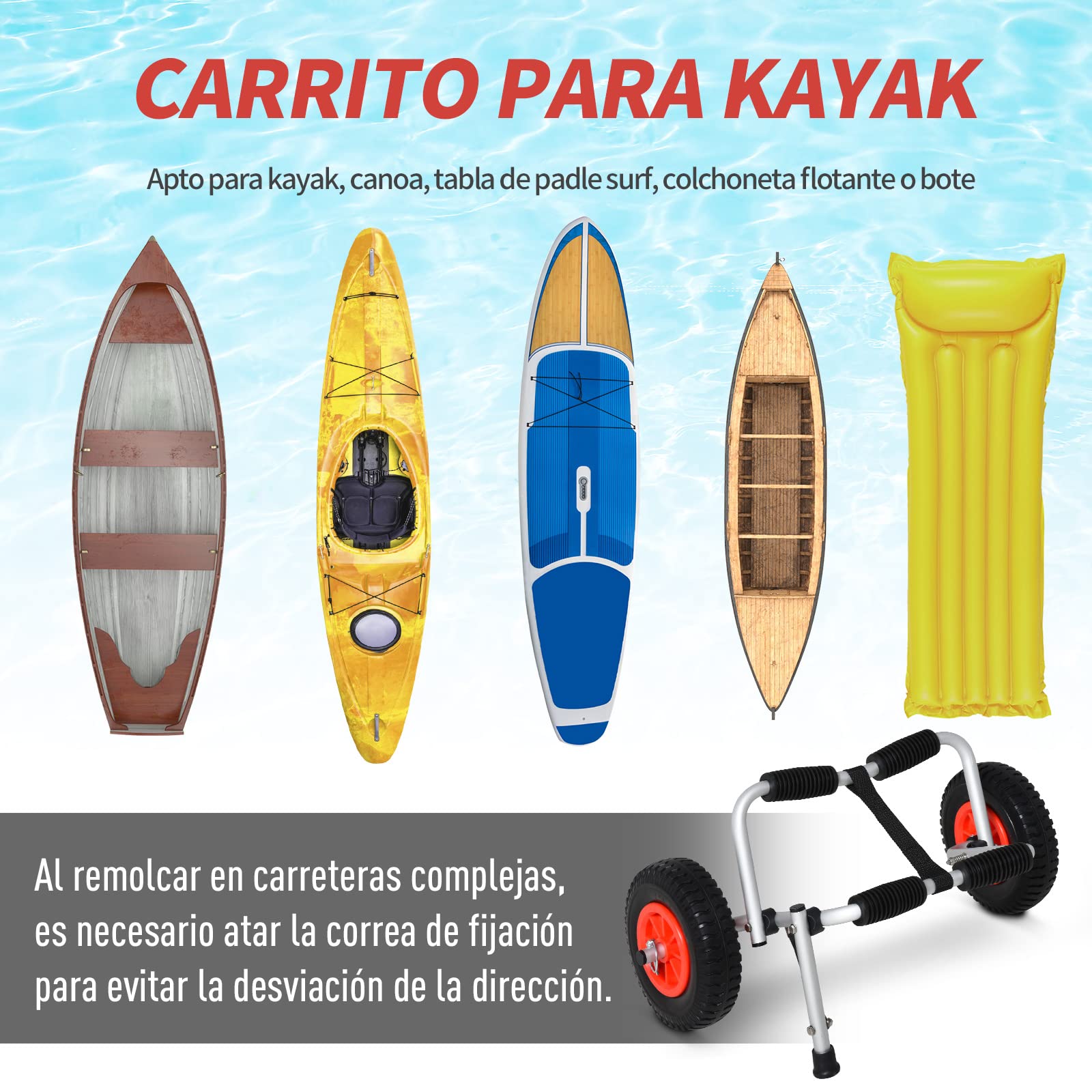 HOMCOM Carro de Transporte Plegable para Kayak Carga 75 kg Aluminio Ajuste Universal con Ruedas para Canoa Embarcación 57,5x33x24 cm Plata