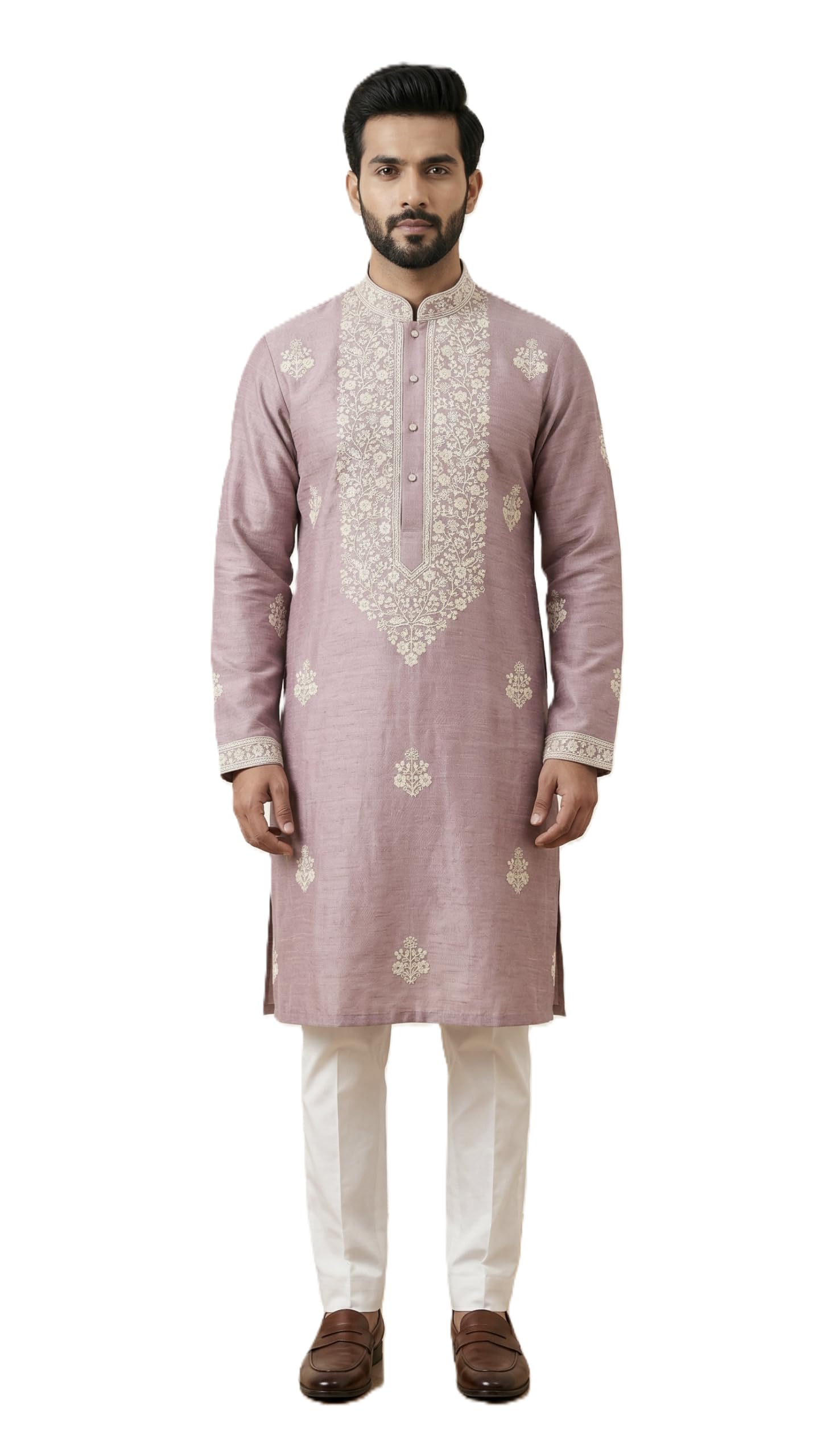 Linen Thread Embroidered Ethnic Kurta Setfor Mens in Onion Pink Color | Mandarin Collar Festive Kurta Pyjama Set-picture-43