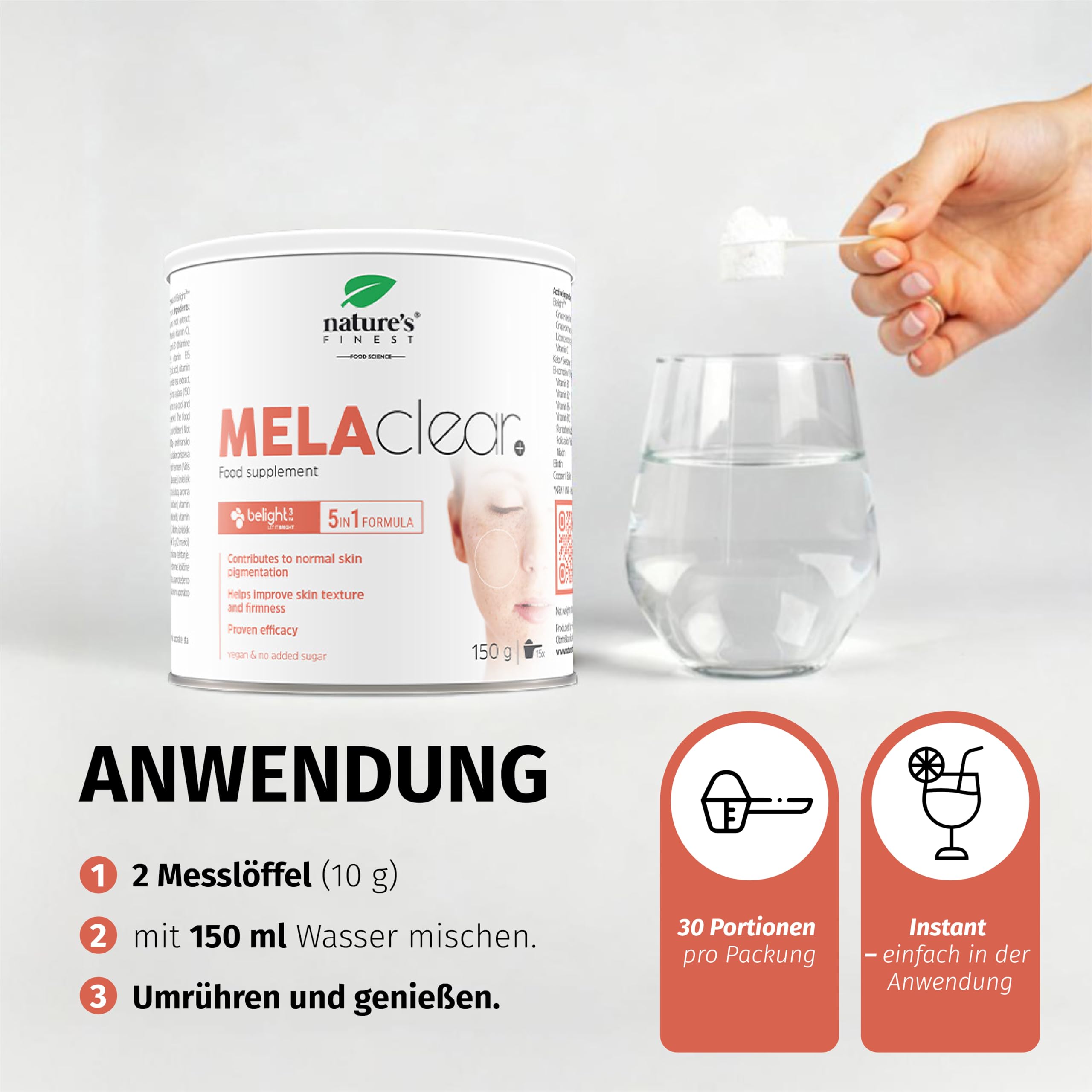 Nature's Finest MELAclear+, Trinkpulver 150 g | Mit Belight (Traubenkern & Süßholz), Kupfer, Weißtee & B-Komplex - Mango-Zitrone-Geschmack, vegan