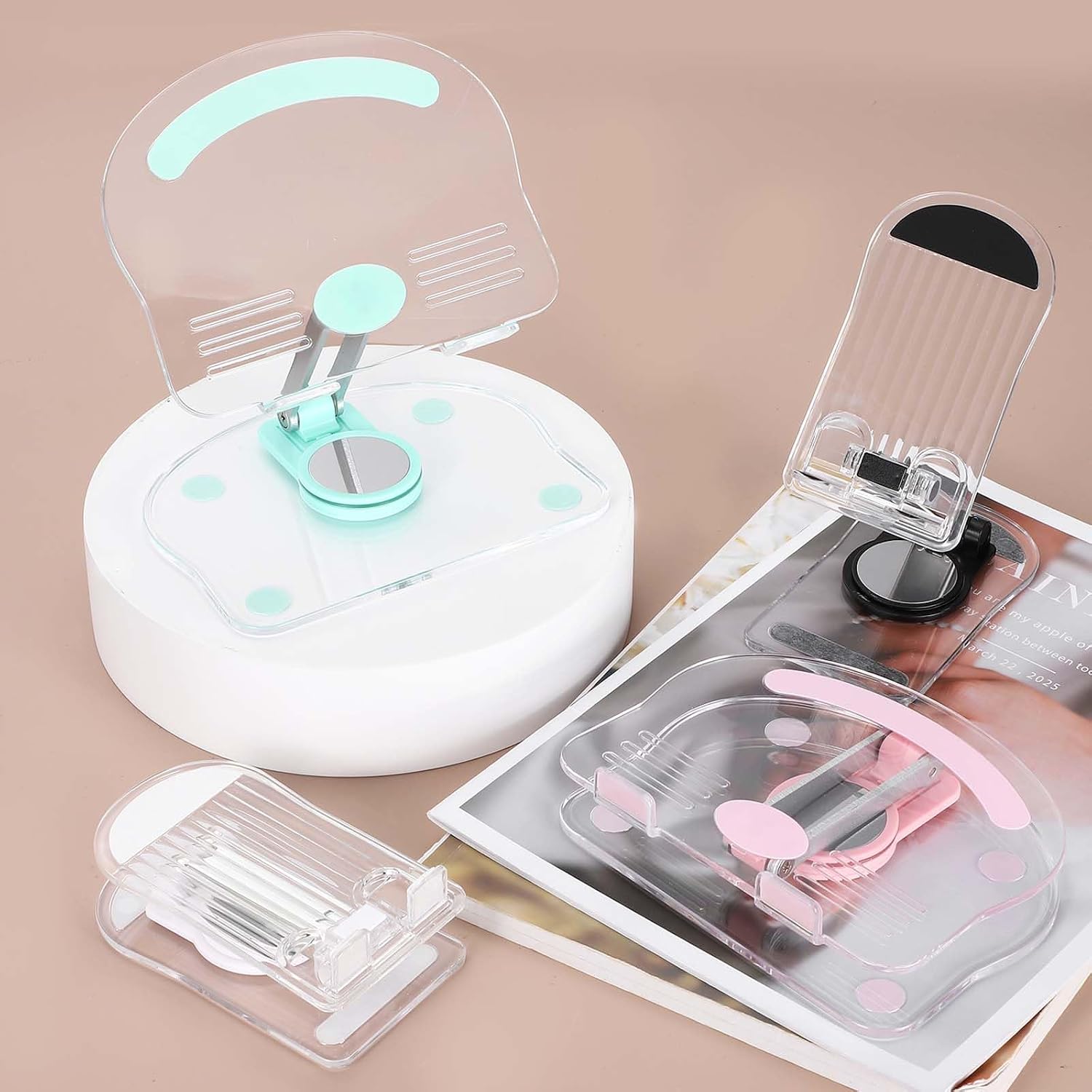 PATIKIL Acrylic Tablet Stand, Acrylic Cell Phone Holder Adjustable Foldable Portable Clear Cute with 360 Degree Rotating Base for Desk Home Office Women Gifts, Pink