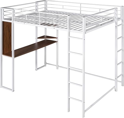 Miniatura 6 de Cama alta de metal de tamaño individual con escritorio y estante estructura de metal con barandilla de seguridad para dormitorio dormitorio